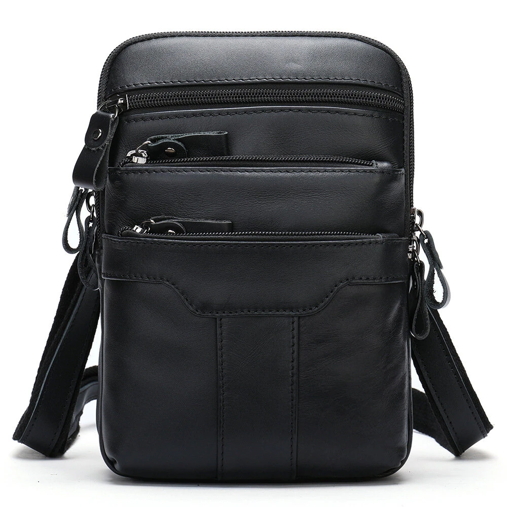 (image for) Ekphero Men's Genuine Leather Crossbody Bag with Zipper Mobile Phone Shoulder Bag Small Travel Waist Bag Multi-Pockets Male Belt Waist Packs